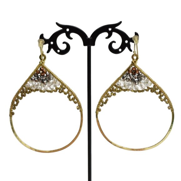 Artisan Drop Hoop Earrings Gold Tone Wire Wrapped Beads Clear Bronze Black Gold - Picture 4 of 4